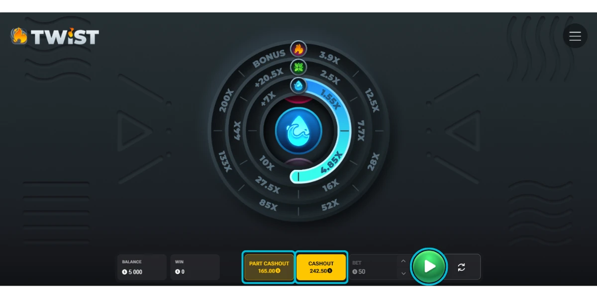Twist slot cashout screen with partial and full cashout options during active multiplier