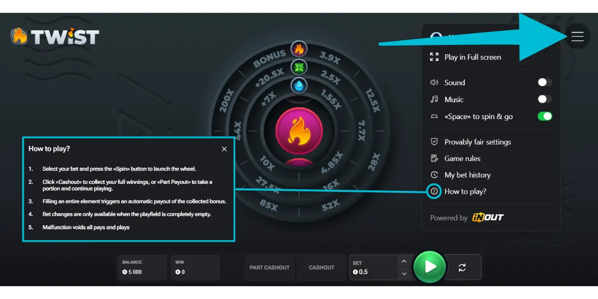 Twist slot menu icon in the top right corner with game rules panel open