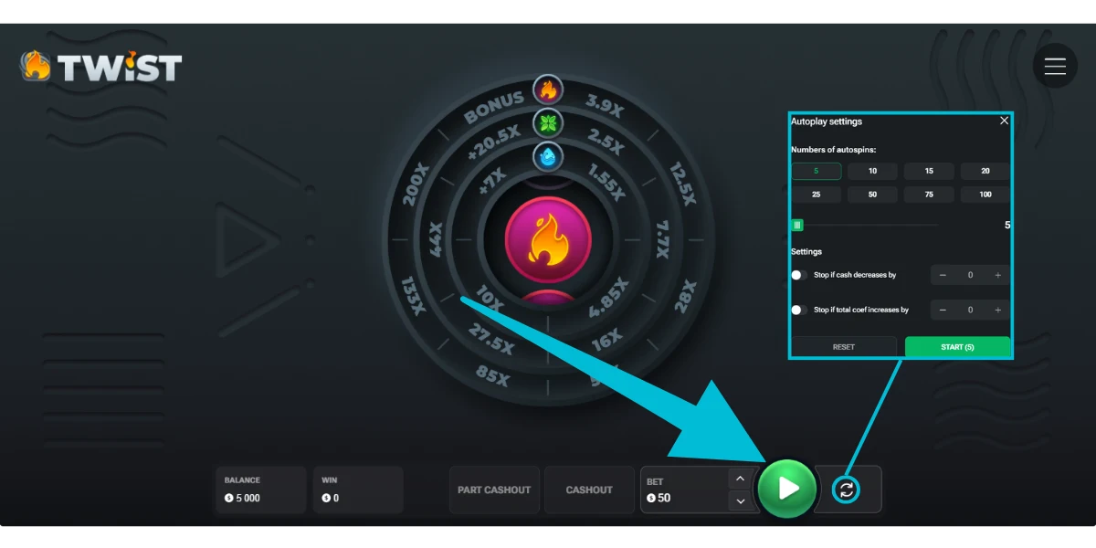 Twist slot gameplay screen showing manual spin button and autoplay settings